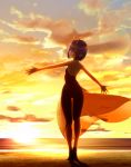  1girl absurdres ass back bangs bare_shoulders beach bob_cut breasts closed_mouth dress eyeliner fate/grand_order fate_(series) full_body gradient_sky highres horizon horns legs lens_flare looking_at_viewer looking_back makeup ocean oni oni_horns orange_sky otomix pointy_ears purple_eyes purple_hair see-through see-through_silhouette shore short_hair shuten_douji_(fate/grand_order) skin-covered_horns sky small_breasts smile sunset twilight 