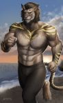  2020 abs amon-sydonai anthro beach beard biceps brown_body brown_fur brown_hair bulge claws clothed clothing ear_piercing ear_ring exercise facial_hair fangs feet felid feline final_fantasy final_fantasy_xiv fur hair hi_res hrothgar male mammal muscular muscular_male nipples open_mouth open_smile outside pecs piercing running scar seaside sharp_teeth sky smile solo square_enix stripes sunset teeth tight_clothing toe_claws topless triceps video_games water yellow_stripes yoga_pants 