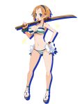  1girl anklet bikini blue_eyes bow bow_bikini bracelet breasts carrying_over_shoulder disgaea disgaea_rpg drop_shadow earrings full_body hairband halter_top halterneck hand_on_hip holding holding_sword holding_weapon jewelry large_breasts light_brown_hair magic_knight_(disgaea) nail_polish navel official_art open_mouth pointy_ears sandals scrunchie shinai short_hair solo sparkle standing striped striped_bikini stud_earrings swimsuit sword toenail_polish transparent_background weapon wrist_scrunchie 