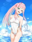  1girl arms_behind_back blue_sky breasts cloud collarbone commentary_request competition_swimsuit cowboy_shot darling_in_the_franxx day green_eyes hairband highres horns long_hair looking_at_viewer medium_breasts ocean one-piece_swimsuit oni_horns open_mouth outdoors pink_hair ponytail red_horns shirota_(shirota1117) sky smile solo swimsuit upper_teeth white_hairband white_swimsuit zero_two_(darling_in_the_franxx) 
