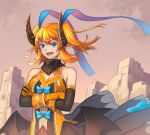 1girl :d bare_shoulders blue_eyes breasts bright_pupils cleavage cloud cloudy_sky cowboy_shot crossed_arms curled_horns elbow_gloves gloves hair_ornament horns looking_at_viewer low_wings medium_hair nagi_itsuki open_mouth orange_gloves orange_hair original sky smile solo standing twintails white_pupils wings 