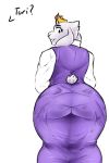  2017 anthro big_butt biped boss_monster bovid butt buttdawg caprine clothed clothing digital_media_(artwork) female floppy_ears fully_clothed fur horn looking_at_viewer looking_back mammal mature_female presenting rear_view short_tail simple_background solo standing text thick_thighs tight_clothing toriel undertale video_games white_background white_body white_fur 
