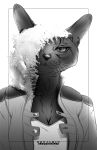  absurd_res anthro benjaminratterman black_and_white clothing domestic_cat felid feline felis female fortune_bombay hi_res jacket looking_at_viewer mammal monochrome science_fiction solo topwear world_of_fortune 