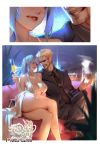  1boy 1girl ass azur_lane backless_dress backless_outfit bag bangs bare_shoulders black_footwear black_neckwear black_shirt black_suit blonde_hair blue_hair blue_nails breasts champagne_flute cityscape cleavage collared_shirt couch crossed_legs cup dako6995 dress dress_shirt drinking_glass earrings evening_gown formal grey_dress grin hair_between_eyes halter_dress handbag highres holding holding_another holding_cup jewelry large_breasts looking_at_another nail_polish necklace night night_sky pink_eyes plant plunging_neckline revealing_clothes shirt short_hair side_ponytail sidelocks silver_dress sky smile st._louis_(azur_lane) st._louis_(luxurious_wheels)_(azur_lane) suit sunglasses thighs window 