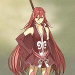  1girl absurdres bare_shoulders belt belt_buckle breasts brown_eyes buckle cleavage closed_mouth collarbone commentary cordelia_(fire_emblem) dakkalot dress elbow_gloves english_commentary fire_emblem fire_emblem_awakening gloves hair_between_eyes hair_ornament hand_on_hip highres holding holding_polearm holding_spear holding_weapon lips long_hair looking_at_viewer pink_belt polearm red_dress red_gloves red_hair short_dress solo spear very_long_hair weapon wing_hair_ornament 