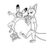  1:1 anthro barefoot black_and_white bottomwear canid canine clothed clothing disney duo ear_markings facial_markings falling food fox fully_clothed furniture hand_in_pocket head_markings hi_res holding_food holding_object jack_savage lagomorph leporid mammal markings monochrome nick_wilde open_mouth pants pawpsicle pockets popsicle rabbit red_fox shirt simple_background stool theblueberrycarrots tongue tongue_out topwear white_background zootopia 
