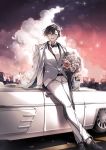  1boy bandages bangs belt black_hair black_neckwear bouquet bow bowtie bungou_stray_dogs car cloud coat dazai_osamu_(bungou_stray_dogs) flower formal ground_vehicle hair_between_eyes highres jacket jacket_on_shoulders male_focus motor_vehicle outdoors shunnyun suit white_coat white_suit 