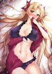  1girl arm_under_breasts bikini black_bikini blonde_hair blush breasts cape cleavage collarbone commentary covered_nipples covering_mouth earrings ereshkigal_(fate/grand_order) eyebrows_visible_through_hair fate/grand_order fate_(series) hair_ribbon jewelry large_breasts long_hair lying navel on_back red_cape red_eyes red_ribbon ribbon sasakuma_kyouta solo sweat swimsuit upper_body very_long_hair 