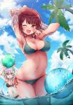  2girls :d :o ahoge alt armpits arms_up atelier_(series) atelier_sophie ball bangs bare_legs bikini black_bikini blue_sky blunt_bangs breasts brown_eyes choker cleavage cloud commentary_request day eyebrows_visible_through_hair graphite_(medium) green_bikini green_eyes hair_ornament highres holding holding_ball medium_breasts multiple_girls navel one_eye_closed open_mouth outdoors palm_tree partially_submerged plachta purple_hair red_hair shirt shirt_removed side-tie_bikini sidelocks sky smile sophie_neuenmuller sparkle standing swimsuit traditional_media tree twintails undressing water wet wet_clothes wet_shirt white_shirt 