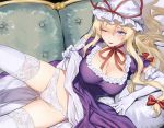 1girl ass_visible_through_thighs blonde_hair bow breasts cleavage couch dress elbow_gloves gloves gunnjou_yosio hair_bow hat hat_ribbon highres large_breasts long_hair looking_at_viewer lying mob_cap neck_ribbon on_side one_eye_closed panties puffy_short_sleeves puffy_sleeves purple_dress purple_eyes red_bow red_ribbon ribbon short_sleeves smile solo thighhighs touhou underwear white_gloves white_headwear white_legwear white_panties yakumo_yukari 