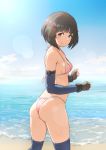 1girl ass bangs bare_shoulders beach bikini black_eyes black_hair blue_legwear blue_sky blunt_bangs blush breasts brown_gloves closed_mouth cloud collarbone commentary_request day elbow_gloves eyebrows_visible_through_hair fingerless_gloves from_behind gloves hair_ornament hairclip highres horizon kiikii_(kitsukedokoro) lens_flare lin_lee_koo looking_at_viewer looking_back ocean outdoors pink_bikini sky small_breasts smile solo sparkle sunlight swimsuit thighhighs water xenoblade_(series) xenoblade_x 