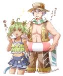  1boy 1girl ahoge bangs blue_skirt brown_eyes brown_hair brown_headwear brown_shorts collarbone crop_top cropped_legs eyebrows_visible_through_hair fake_tail flower frilled_shorts frills gradient_hair green_hair hair_between_eyes hair_bobbles hair_ornament hat hat_flower highres hummel_(ys) innertube long_hair midriff miniskirt mishiro_(andante) multicolored_hair navel open_mouth pleated_skirt ricotta_(ys) scarf shiny shiny_hair short_shorts shorts shorts_under_skirt silver_hair simple_background skirt sleeveless stomach striped striped_scarf sun_hat sunflower tail twintails twitter_username two_side_up white_background white_shorts ys ys_viii_lacrimosa_of_dana 