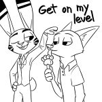  1:1 anthro black_and_white bottomwear buckteeth canid canine clothed clothing dialogue disney duo ear_markings english_text facial_markings food fox fully_clothed hand_on_hip head_markings hi_res holding_food holding_object inner_ear_fluff jack_savage lagomorph leporid looking_at_another mammal markings monochrome nick_wilde one_eye_closed open_mouth open_smile pants pawpsicle popsicle rabbit red_fox shirt simple_background smile suit teeth text theblueberrycarrots tongue tongue_out topwear tuft white_background zootopia 