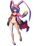  1girl anklet bikini blue_hair disgaea disgaea_rpg drop_shadow front-tie_top full_body grin hand_in_pocket hood hoodie jewelry laharl-chan long_sleeves lowleg lowleg_bikini navel neck_ring official_art open_clothes open_hoodie red_bikini red_eyes sandals smile solo sparkle swimsuit transparent_background 