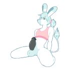  anthro asinus balls blue_body blue_fur bodily_fluids clothed clothing donkey equid equine erection fur genital_fluids genitals girly hair male mammal penis ponytail precum solo spread_legs spreading topwear tototlfluff white_body white_fur 