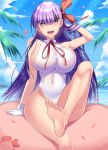  1girl absurdres bangs bare_shoulders bb_(fate)_(all) bb_(swimsuit_mooncancer)_(fate) beach blue_sky blush breasts covered_navel fate/grand_order fate_(series) feet gloves hair_ribbon hand_in_hair highleg highleg_leotard highres jo_(pixiv29989419) large_breasts leg_up leotard long_hair looking_at_viewer neck_ribbon ocean open_mouth petals purple_eyes purple_hair red_ribbon ribbon sideboob sitting sky smile soles very_long_hair white_gloves white_leotard 