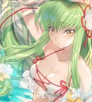  1girl arm_up bangs bare_shoulders bikini bow breasts c.c. cleavage code_geass collarbone creayus eyebrows_visible_through_hair flower green_hair hair_bow hair_flower hair_ornament hair_ribbon long_hair looking_at_viewer medium_breasts parted_lips red_ribbon ribbon see-through sidelocks solo swimsuit upper_body very_long_hair white_bikini white_flower yellow_bow yellow_eyes 