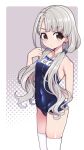  1girl bangs bare_shoulders blue_bow blue_ribbon blue_swimsuit blush bow braid braided_bangs breasts brown_eyes commentary_request covered_navel eyebrows_visible_through_hair grey_hair hair_bow hair_ribbon hanauna heart hisakawa_nagi idolmaster idolmaster_cinderella_girls long_hair looking_at_viewer low_twintails name_tag old_school_swimsuit one-piece_swimsuit ribbon school_swimsuit simple_background skindentation small_breasts solo spoken_heart standing swimsuit thighhighs twintails white_legwear 