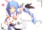  1girl ;) ame. animal_ear_fluff animal_ears anniversary arm_up armpits bangs black_gloves blue_hair blush bow braid brown_eyes brown_legwear bunny_ears carrot_hair_ornament closed_mouth commentary_request detached_sleeves don-chan_(hololive) dress eyebrows_visible_through_hair food_themed_hair_ornament fur-trimmed_dress fur-trimmed_gloves fur_trim gloves hair_between_eyes hair_bow hair_ornament heart highres hololive long_hair multicolored_hair one_eye_closed pantyhose puffy_short_sleeves puffy_sleeves short_eyebrows short_sleeves smile thick_eyebrows twin_braids twintails two-tone_hair usada_pekora very_long_hair virtual_youtuber white_background white_bow white_dress white_hair white_sleeves 