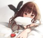  1boy bangs bed_sheet black_legwear blurry blurry_background blush brown_eyes brown_hair commentary_request depth_of_field eyebrows_visible_through_hair feet_up heart highres iino_miko jii_tomo kaguya-sama_wa_kokurasetai_~tensai-tachi_no_renai_zunousen~ long_sleeves lying on_bed on_stomach pillow pillow_hug solo 