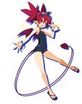  1girl bracelet demon_girl demon_tail demon_wings disgaea disgaea_rpg drop_shadow earrings etna fang full_body goggles goggles_on_head jewelry official_art open_hand open_mouth pointy_ears red_eyes red_hair sandals school_swimsuit solo sparkle swimsuit tail transparent_background twintails w wings 