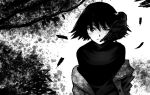  1girl animal_on_shoulder bird bird_on_shoulder black_eyes black_hair black_shirt branch crow feathers greyscale jacket looking_at_viewer monochrome nonaka_haru one_eye_closed reiquant shirt short_hair solo standing upper_body yesterday_wo_utatte 