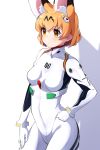  1girl absurdres animal_ears blonde_hair bodysuit commentary_request extra_ears eyebrows_visible_through_hair hair_ornament hand_on_hip highres kemono_friends neon_genesis_evangelion plugsuit serval_(kemono_friends) serval_ears serval_girl short_hair solo takosuke0624 white_bodysuit yellow_eyes 