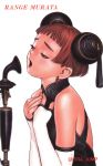  1girl artist_name detached_sleeves double_bun earrings hands_on_own_neck jewelry last_exile lavie_head microphone murata_renji music official_art open_mouth red_hair short_hair simple_background singing solo upper_body white_background 