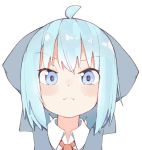  1girl ahoge blue_bow blue_dress blue_eyes blue_hair blush bow cirno commentary_request dress hair_bow kae_karee looking_at_viewer portrait red_neckwear shirt short_hair simple_background solo touhou white_background white_shirt 