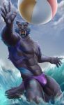  2020 abs amon-sydonai anthro ball biceps black_body black_fur blue_body blue_fur blue_sclera blue_stripes bulge claws clothed clothing fangs felid feline fur hi_res machairodontine male mammal muscular muscular_male open_mouth orange_eyes outside quads sharp_teeth sky solo speedo stripes swimwear teeth tongue triceps vriksha water 