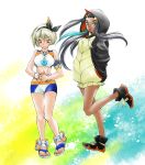  2girls aqua_hair armlet bangs belly_chain black_hair black_hairband blonde_hair blush breasts closed_mouth commentary_request cosplay dark_skin dynamax_band earrings eyebrows_visible_through_hair eyeshadow feet full_body gym_leader hairband hands_on_stomach highres hirota_mimori hood hoop_earrings jewelry kibana_(pokemon) kibana_(pokemon)_(cosplay) knees long_hair looking_at_viewer makeup multicolored_hair multiple_girls necklace pokemon pokemon_(game) pokemon_swsh rurina_(pokemon) rurina_(pokemon)_(cosplay) saitou_(pokemon) sandals swimsuit tankini toes two-tone_hair wristband 