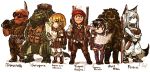  4boys 4girls :3 armor black_eyes black_hair blonde_hair blue_eyes boots bright_pupils camouflage chibi closed_mouth dated eyebrows_visible_through_hair fairy furry goggles green_eyes hand_up holding jitome kotoba_noriaki long_hair looking_at_viewer minigirl multiple_boys multiple_girls orange_hair original pelvic_curtain pickaxe pointy_ears purple_footwear short_hair signature simple_background smile standing thigh_boots thighhighs vest white_background white_hair white_pupils 
