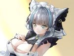  1girl apron aqua_eyes azur_lane blue_hair breasts cheshire_(azur_lane) cleavage closed_mouth commentary_request cowboy_shot detached_sleeves frilled_apron frilled_hairband frilled_headband frilled_ribbon frills hairband hand_on_own_chest head_tilt jewelry large_breasts looking_at_viewer maid_dress maid_headdress multicolored_hair on_bed puffy_detached_sleeves puffy_sleeves purple_apron purple_hair ribbon sapota_clone simple_background smile solo streaked_hair yellow_background 
