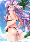  1girl ass bangs beach bikini blue_sky breasts closed_mouth commentary_request eyebrows_visible_through_hair from_behind gem hair_ornament hair_over_one_breast highres long_hair looking_at_viewer medium_breasts ocean one_eye_closed palm_tree princess_connect! princess_connect!_re:dive purple_bikini purple_eyes purple_hair shizuru_(princess_connect!) sideboob sky smile solo swimsuit thighs tree twitter_username water watermark yagiryu 