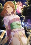  1girl backlighting bangs blurry blurry_foreground blush brown_eyes brown_hair closed_mouth clothes_lift commentary_request cowboy_shot depth_of_field eyebrows_visible_through_hair fireworks floral_print green_ribbon groin highres houjou_karen idolmaster idolmaster_cinderella_girls japanese_clothes kimono kimono_lift lifted_by_self long_hair long_sleeves looking_at_viewer mask mask_on_head mk_(mod0) night no_panties obi outdoors pink_kimono print_kimono ribbon rock sash smile solo swept_bangs thighs tree 