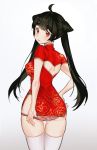  1girl ahoge ass black_hair china_dress chinese_clothes chungu closed_mouth cowboy_shot double_bun dress eyebrows_visible_through_hair from_behind grey_background long_hair looking_at_viewer looking_back original panties panty_pull pulled_by_self red_dress red_eyes red_panties short_dress solo standing striped striped_panties thick_eyebrows twintails underwear white_legwear 