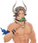  2020 animal_humanoid arknights armband bovid bovid_humanoid bovine bovine_humanoid broccoli cattle_humanoid ear_piercing eating food half-length_portrait hi_res horn humanoid jewelry male mammal mammal_humanoid matterhorn muscular muscular_male necklace nipples pecs piercing plant portrait simple_background solo tantan vegetable white_background 
