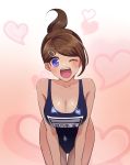 1girl ;d asahina_aoi bangs bent_over blue_eyes breasts brown_hair character_name cleavage collarbone cowboy_shot danganronpa danganronpa_1 eyebrows_visible_through_hair floating_hair gradient gradient_background hair_ornament hairclip heart heart_background highres large_breasts looking_at_viewer one_eye_closed open_mouth pink_background ponytail school_swimsuit shiny shiny_hair shiny_skin short_hair sketti smile solo standing swept_bangs swimsuit 