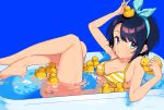  1girl arm_up bangs bare_arms bare_legs bare_shoulders bathing bathtub bikini black_hair blue_background blue_bow blue_eyes blue_hairband bow breasts cleavage collarbone commentary_request eyebrows_visible_through_hair from_side hair_ribbon hairband highres holding hololive legs_up looking_at_viewer looking_to_the_side nokachoco114 oozora_subaru partially_submerged polka_dot polka_dot_hairband polka_dot_ribbon ribbon rubber_duck short_hair signature simple_background small_breasts solo striped striped_bikini swept_bangs swimsuit virtual_youtuber water yellow_bikini 