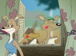  anthro beak blinky_bill_(series) breasts canid canine canis clothed clothing curvaceous curvy_figure daisy_dingo detailed_background digital_media_(artwork) dingo dragonboy618 female flap group kangaroo kiss_mark lipstick macropod makeup male male/female mammal marsupial monotreme open_window platypus seductive smile splodge voluptuous 