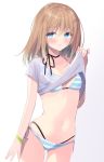  1girl bikini black_choker blue_eyes breasts brown_hair choker collarbone cowboy_shot halterneck highres long_hair looking_at_viewer multi-strapped_bikini navel original parted_lips ribbon_choker sasahara_wakaba shirt shirt_lift short_sleeves side-tie_bikini simple_background small_breasts solo standing stomach string_bikini striped striped_bikini swimsuit thighs white_background white_shirt wristband 