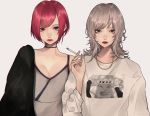  2girls aizome_karen bangs breasts cigarette cleavage grey_eyes highres holding holding_cigarette huge_filesize idol jacket_over_shoulder kashii_katy looking_at_viewer mano_aaa medium_hair multiple_girls pink_hair real_life short_hair silver_hair small_breasts sweater white_sweater zoc 