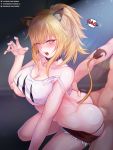  1boy 1girl animal_ears arknights ass ass_grab bangs blonde_hair blush breasts censored collar collarbone fur-trimmed_shorts fur_trim hetero high_ponytail highres large_breasts lion_ears lion_girl lion_tail looking_at_viewer mosaic_censoring nipples open_mouth penis rebe11 red_shorts sex short_hair shorts siege_(arknights) solo_focus strap_slip studded_collar tail tank_top white_tank_top yellow_eyes 