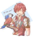  1boy adol_christin animal_on_arm bangs bird bird_on_arm brown_gloves closed_eyes english_text eyebrows_visible_through_hair gloves hair_between_eyes little_paro male_focus mishiro_(andante) open_mouth parrot red_hair shiny shiny_hair short_sleeves simple_background solo sweatdrop twitter_username wavy_mouth white_background ys ys_viii_lacrimosa_of_dana 