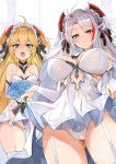  2girls admiral_hipper_(azur_lane) ahoge antenna_hair ass_visible_through_thighs azur_lane bangs bare_shoulders blonde_hair blush bouquet breasts bridal_gauntlets bridal_veil cameltoe closed_mouth collarbone crossed_bangs crotch dress elbow_gloves eyebrows_visible_through_hair flower garter_belt garter_straps garters gloves green_eyes hair_between_eyes headgear highres large_breasts long_hair looking_at_viewer luse_maonang multicolored_hair multiple_girls open_mouth panties prinz_eugen_(azur_lane) prinz_eugen_(symphonic_fate)_(azur_lane) red_eyes sapphire_(gemstone) see-through silver_hair small_breasts smile streaked_hair swept_bangs two_side_up underwear veil very_long_hair wedding_dress white_dress white_flower white_gloves white_hair white_panties 
