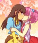  2girls bangs black_hair blue_shirt blunt_bangs closed_eyes dark_skin eyebrows_visible_through_hair floral_background flower gomaan_(twist) grabbing hair_ornament highres hiiragi_yuzu kiss kotsu_masumi long_hair long_sleeves medium_hair multiple_girls necktie pink_hair pleated_skirt red_eyes shirt skirt sleeveless sleeveless_shirt surprised twintails yuri yuu-gi-ou yuu-gi-ou_arc-v 