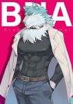 2020 abs anthro belt blue_body blue_fur bottomwear brand_new_animal canid canine canis clothing coat collar fur male mammal multicolored_body multicolored_fur neck_tuft nipple_outline pants pecs shirou_ogami shirt so-jun solo studio_trigger tight_clothing topwear tuft white_body white_fur wolf 