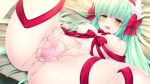  1girl :d anus bed bow breasts breasts_apart censored fate/grand_order fate_(series) green_hair hair_bow kiyohime_(fate/grand_order) long_hair looking_at_viewer lying medium_breasts mosaic_censoring naked_ribbon nipples on_back open_mouth pussy red_bow red_ribbon ribbon shiny shiny_skin smile solo splush_wave spread_legs spread_pussy yellow_eyes 