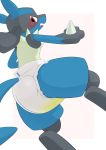  2020 anthro biped black_body black_fur blue_body blue_fur blush bodily_fluids border butt chest_spike diaper fangs fur furgonomics genital_fluids hand_spike hi_res looking_back lucario nintendo nyanyakotarou open_mouth pok&eacute;mon pok&eacute;mon_(species) red_eyes simple_background solo spikes tongue urine video_games wet_diaper wetting white_border 