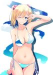  1girl absurdres bangs bikini blonde_hair blue_eyes blue_sky breasts cleavage clenched_hand cloud commentary_request eyebrows_visible_through_hair grin hair_ornament highres medium_breasts multicolored multicolored_bikini multicolored_clothes navel one_eye_closed original puriketsu_corgy side-tie_bikini sky smile standing swimsuit thighs twintails v white_background 